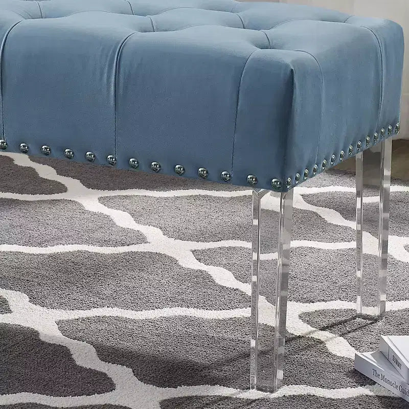 Banc capitonné en velours avec pieds en acrylique, bleu
