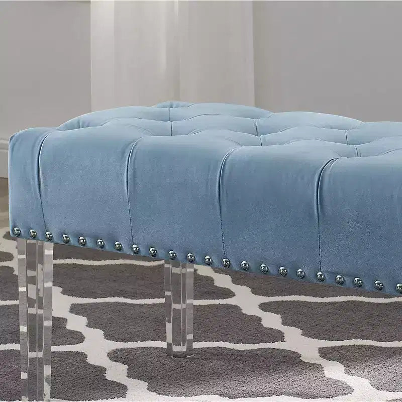 Banc capitonné en velours avec pieds en acrylique, bleu