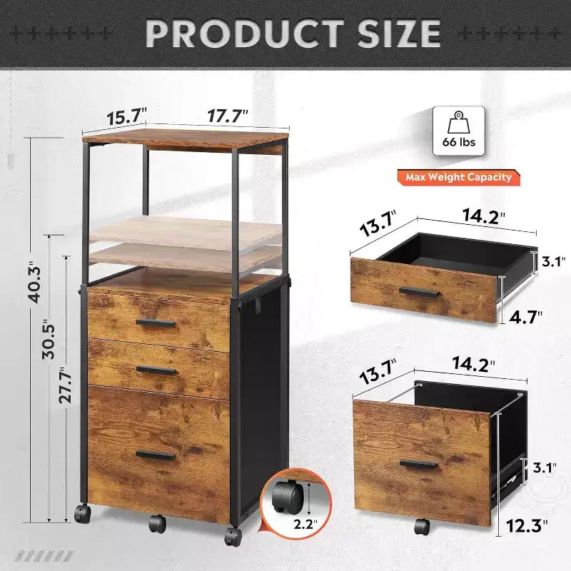 avec tiroirs de rangement, support d'imprimante roulant avec étagères réglables, meuble de classement en bois pour bureau à domicile