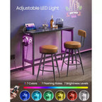Table de bar, table de bar longue et étroite de 120 cm, table haute de cocktail avec lumières LED, prises de courant intégrées, panneaux en maille, noir et noir mat