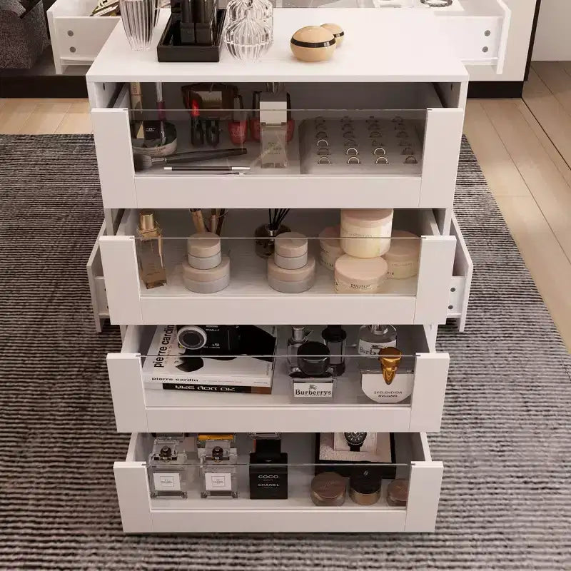 Organisateur de placard à dessus en verre Blanc Îlot de rangement pour dressing Grand tiroir de rangement Vitrine de rangement pour placard Îlot de vanité Rangement beauté