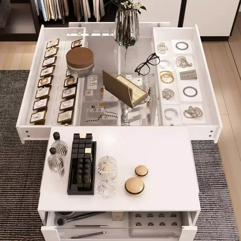 Organisateur de placard à dessus en verre Blanc Îlot de rangement pour dressing Grand tiroir de rangement Vitrine de rangement pour placard Îlot de vanité Rangement beauté
