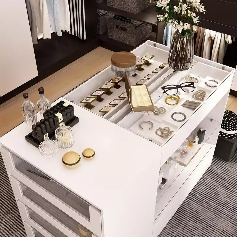 Organisateur de placard à dessus en verre Blanc Îlot de rangement pour dressing Grand tiroir de rangement Vitrine de rangement pour placard Îlot de vanité Rangement beauté