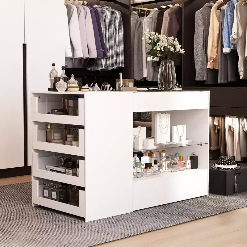 Organisateur de placard à dessus en verre Blanc Îlot de rangement pour dressing Grand tiroir de rangement Vitrine de rangement pour placard Îlot de vanité Rangement beauté