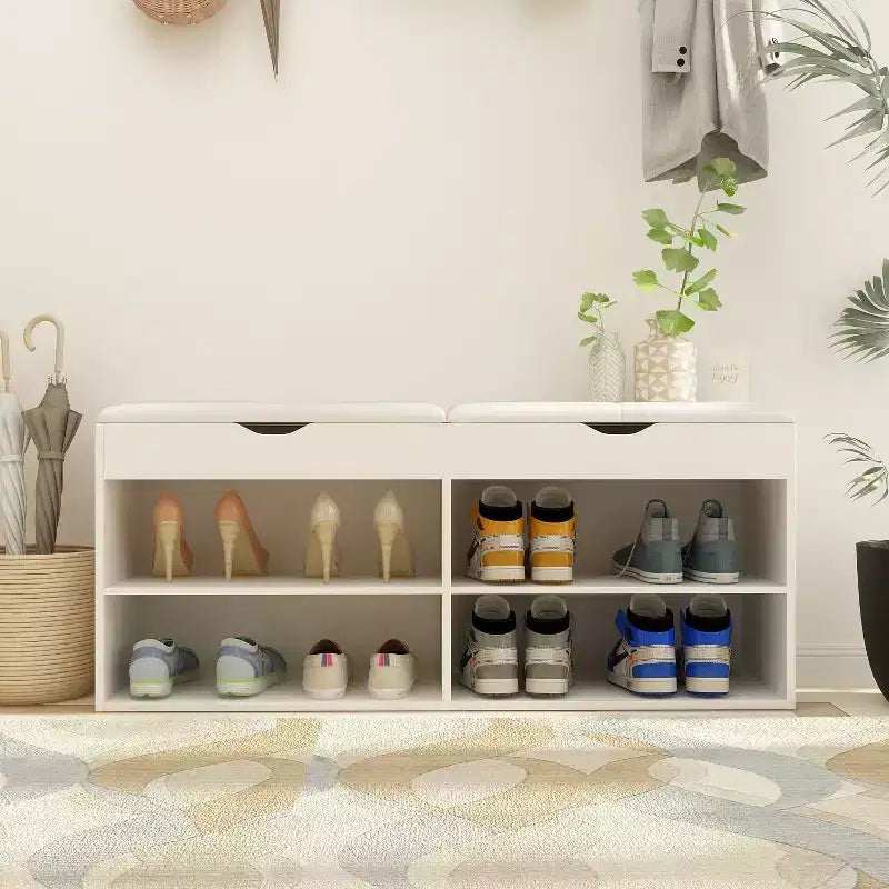 Meuble à chaussures en bois avec coussins Étagères ouvertes Blanc