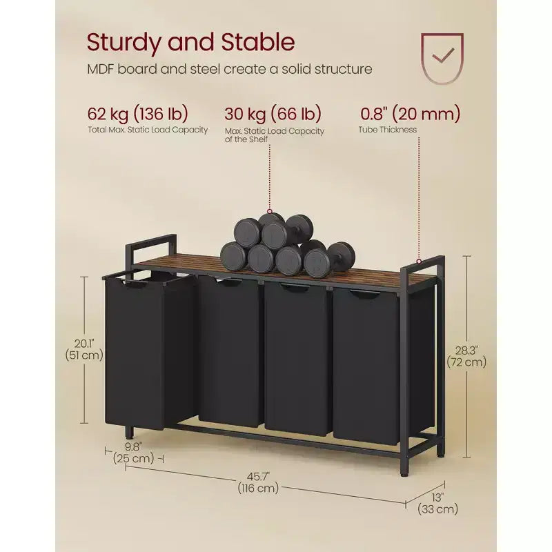 45,7 x 13 x 28,4 pouces Trieur à linge, Panier à linge de rangement, Trieur à linge avec 4 sacs amovibles, étagère, cadre métallique (40 L)
