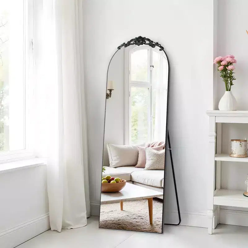 Miroir Psyché en Bois Sculpté : 64.35x23.4, Noir Vintage, Arche en Angle Droit, Support Fixé