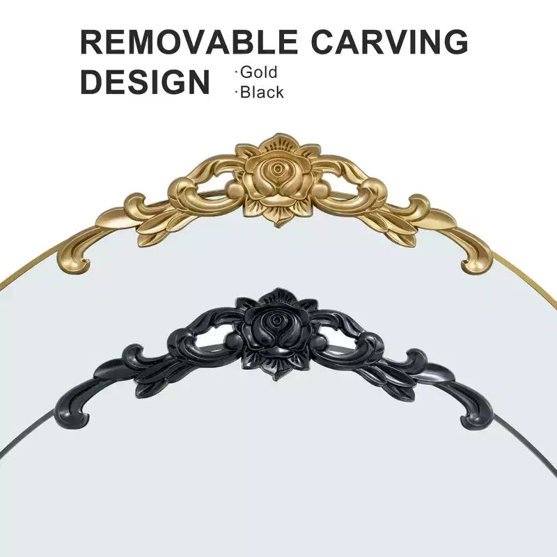 Miroir Psyché en Bois Sculpté : 64.35x23.4, Noir Vintage, Arche en Angle Droit, Support Fixé