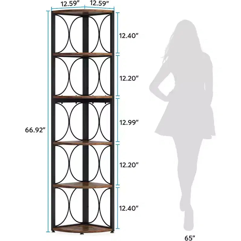 Étagère d'Angle Haute de 170 cm, Bibliothèque d'Angle Rustique à 6 Niveaux Meuble de Rangement