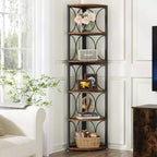 Étagère d'Angle Haute de 170 cm, Bibliothèque d'Angle Rustique à 6 Niveaux Meuble de Rangement