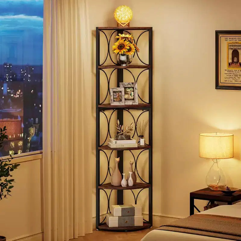Étagère d'Angle Haute de 170 cm, Bibliothèque d'Angle Rustique à 6 Niveaux Meuble de Rangement