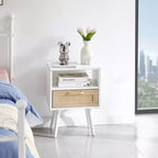 MAYEERTY Rattan End Table with Drawer and Solid Wood Legs, Side Table for Living Room, Bedroom, White