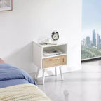 Table d'appoint en rotin avec tiroir et pieds en bois massif, table de chevet pour salon, chambre, blanc