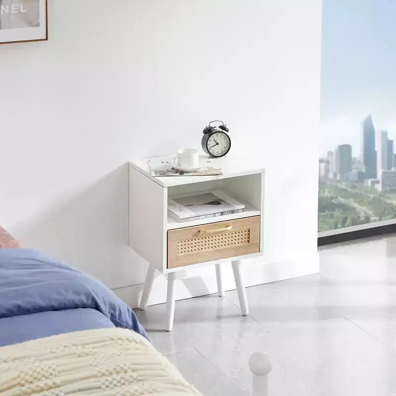 Table d'appoint en rotin avec tiroir et pieds en bois massif, table de chevet pour salon, chambre, blanc