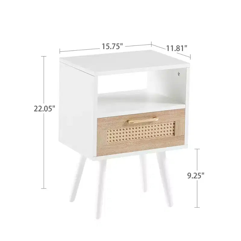 Table d'appoint en rotin avec tiroir et pieds en bois massif, table de chevet pour salon, chambre, blanc