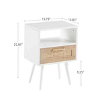 Table d'appoint en rotin avec tiroir et pieds en bois massif, table de chevet pour salon, chambre, blanc
