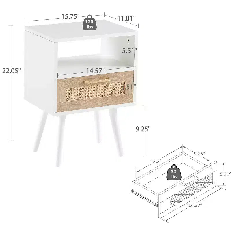 Table d'appoint en rotin avec tiroir et pieds en bois massif, table de chevet pour salon, chambre, blanc