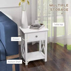 Table d'appoint, table de chevet de style campagnard avec tiroir de rangement, étagère ouverte et cadre en X, table de chevet pour salon, blanc