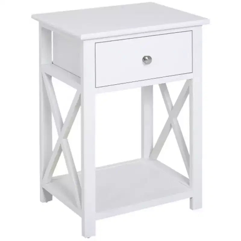 Table d'appoint, table de chevet de style campagnard avec tiroir de rangement, étagère ouverte et cadre en X, table de chevet pour salon, blanc