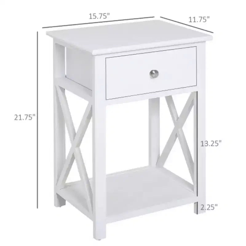 Table d'appoint, table de chevet de style campagnard avec tiroir de rangement, étagère ouverte et cadre en X, table de chevet pour salon, blanc