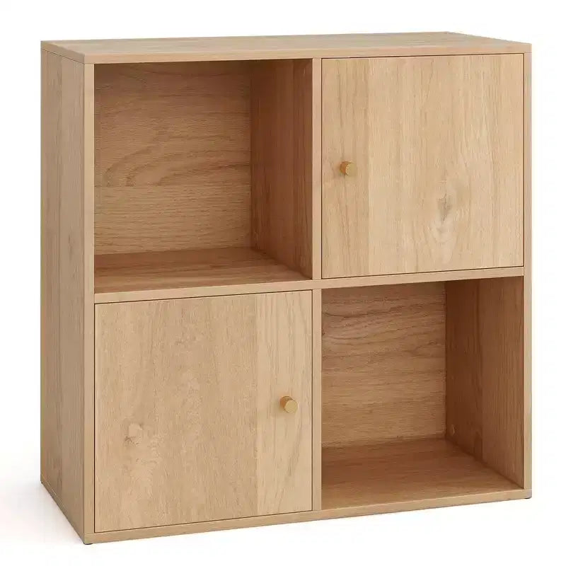 Étagère 4 cubes avec kits anti-basculement doubles et 2 armoires de rangement Blanc/Naturel