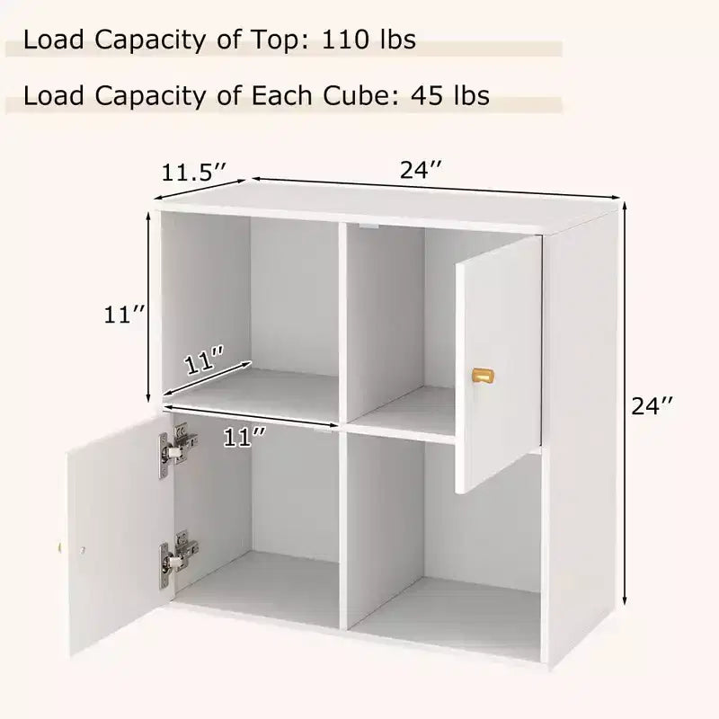 Étagère 4 cubes avec kits anti-basculement doubles et 2 armoires de rangement Blanc/Naturel