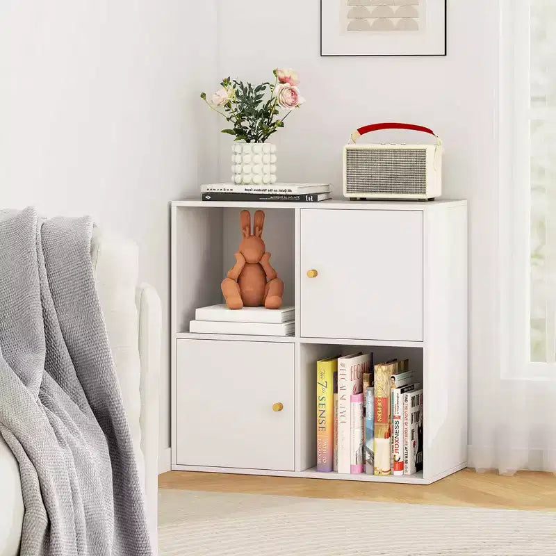 Étagère 4 cubes avec kits anti-basculement doubles et 2 armoires de rangement Blanc/Naturel