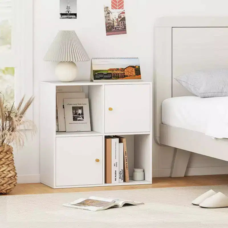 Étagère 4 cubes avec kits anti-basculement doubles et 2 armoires de rangement Blanc/Naturel