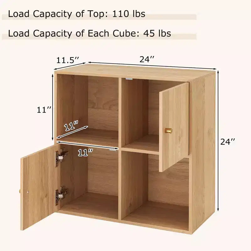 Étagère 4 cubes avec kits anti-basculement doubles et 2 armoires de rangement Blanc/Naturel