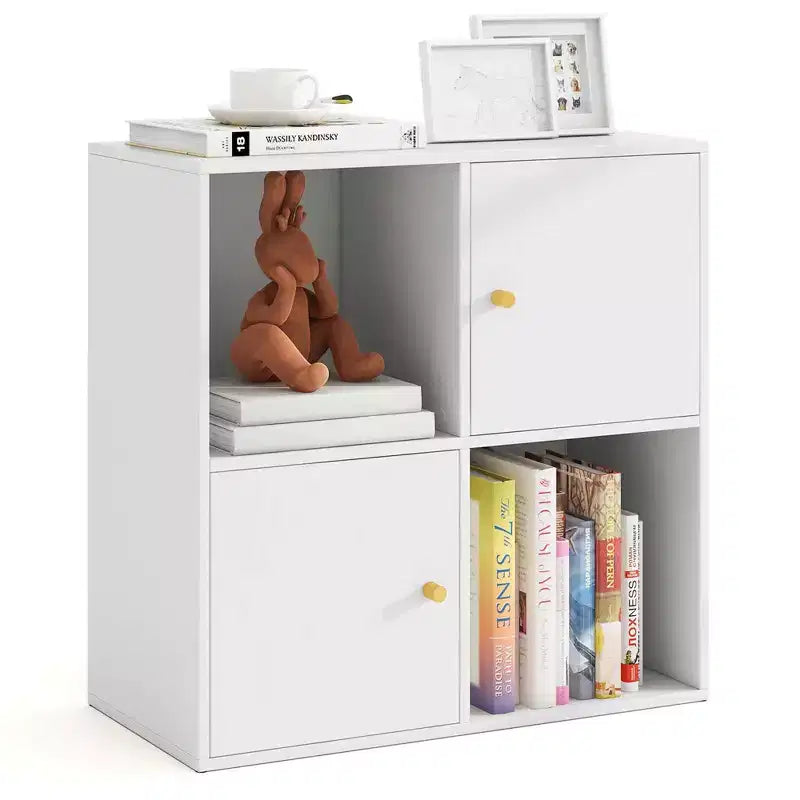 Étagère 4 cubes avec kits anti-basculement doubles et 2 armoires de rangement Blanc/Naturel