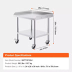 Table de travail en acier inoxydable, 24 x 28 x 30 pouces, table de préparation alimentaire commerciale avec 4 roues, roulettes, dosseret à 3 côtés, table de préparation robuste