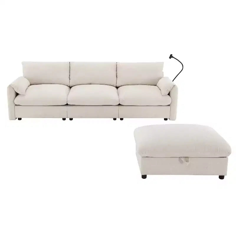 Grand canapé d'angle en chenille avec pouf de rangement et poches, support de téléphone réglable et ports de charge