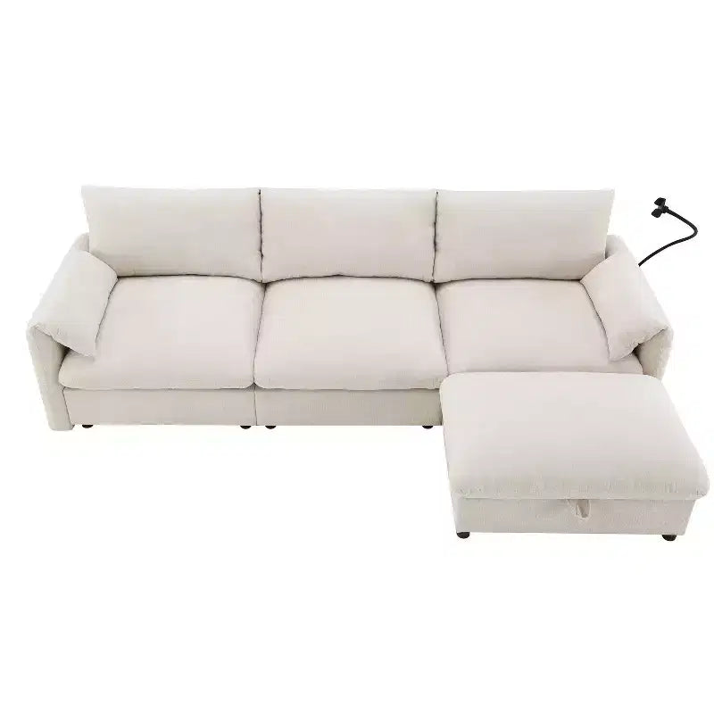 Grand canapé d'angle en chenille avec pouf de rangement et poches, support de téléphone réglable et ports de charge