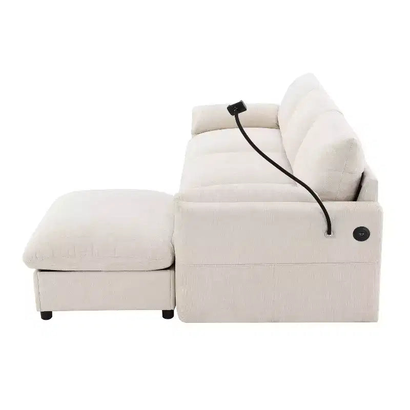 Grand canapé d'angle en chenille avec pouf de rangement et poches, support de téléphone réglable et ports de charge