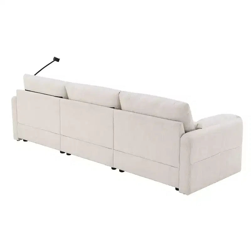 Grand canapé d'angle en chenille avec pouf de rangement et poches, support de téléphone réglable et ports de charge