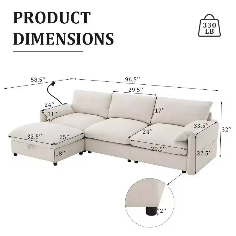 Grand canapé d'angle en chenille avec pouf de rangement et poches, support de téléphone réglable et ports de charge