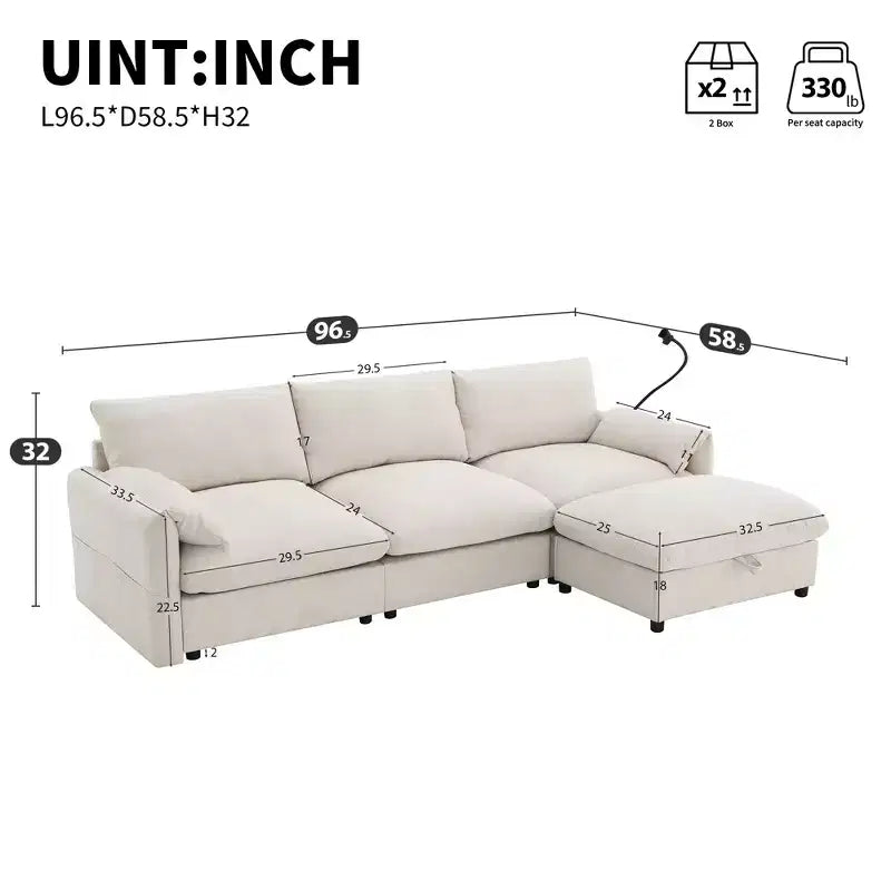 Grand canapé d'angle en chenille avec pouf de rangement et poches, support de téléphone réglable et ports de charge