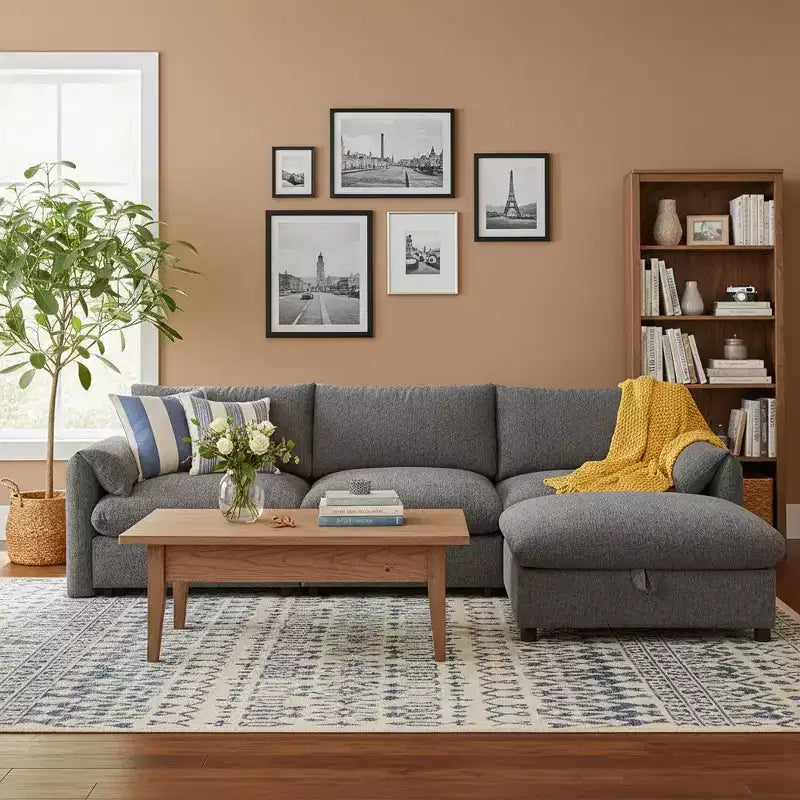 Grand canapé d'angle en chenille avec pouf de rangement et poches, support de téléphone réglable et ports de charge