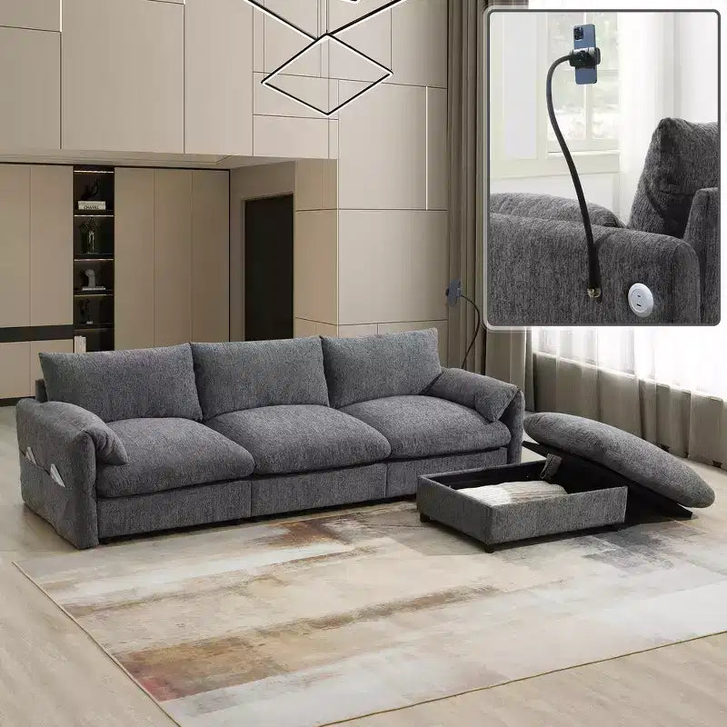 Grand canapé d'angle en chenille avec pouf de rangement et poches, support de téléphone réglable et ports de charge