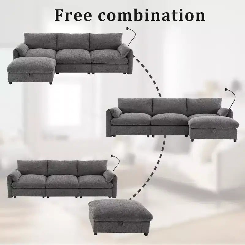 Grand canapé d'angle en chenille avec pouf de rangement et poches, support de téléphone réglable et ports de charge