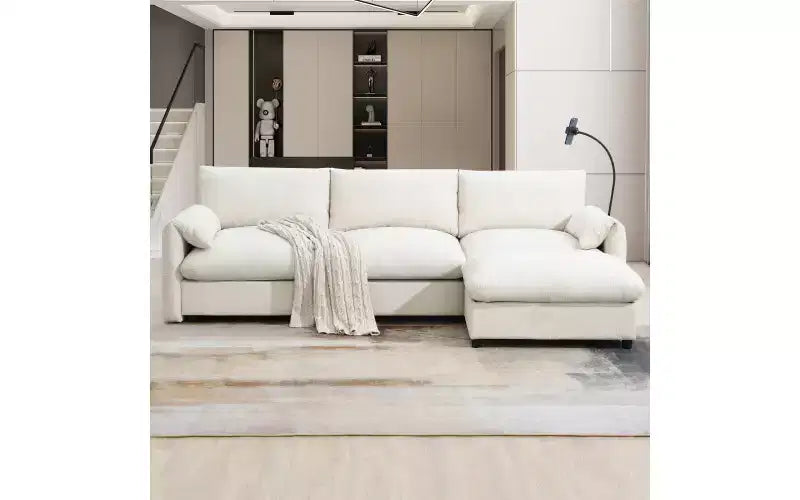 Grand canapé d'angle en chenille avec pouf de rangement et poches, support de téléphone réglable et ports de charge