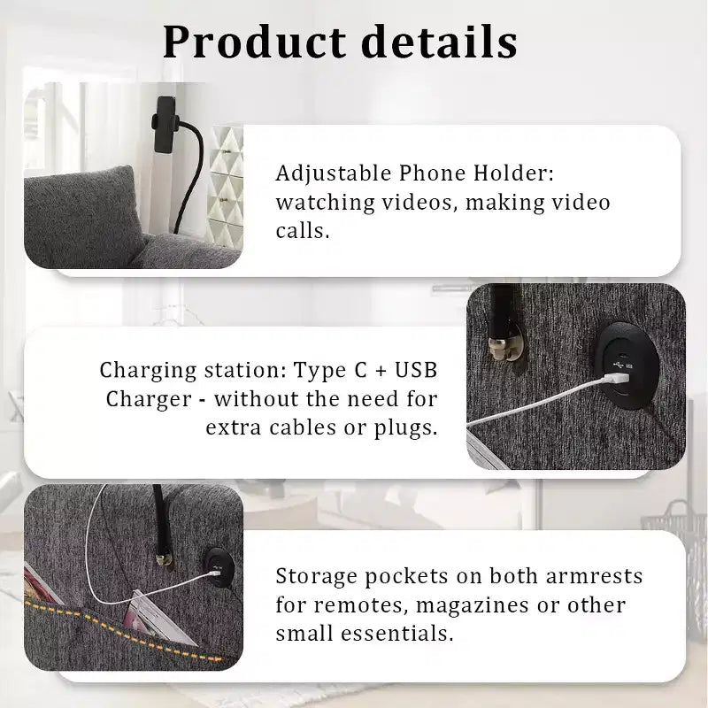 Grand canapé d'angle en chenille avec pouf de rangement et poches, support de téléphone réglable et ports de charge