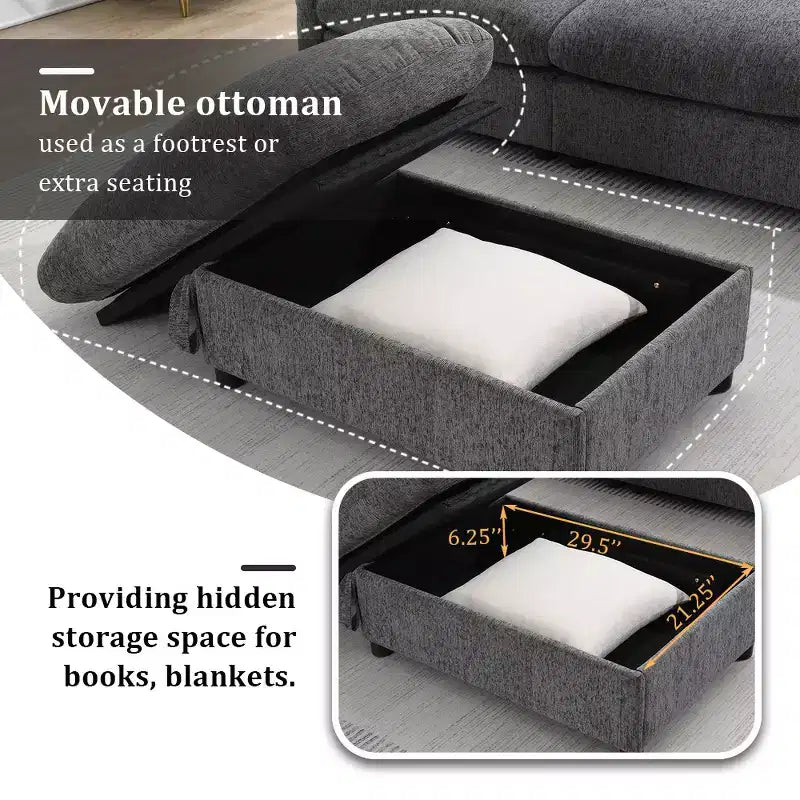 Grand canapé d'angle en chenille avec pouf de rangement et poches, support de téléphone réglable et ports de charge