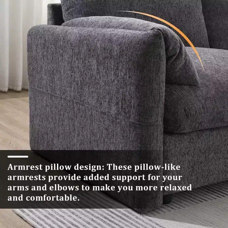 Grand canapé d'angle en chenille avec pouf de rangement et poches, support de téléphone réglable et ports de charge