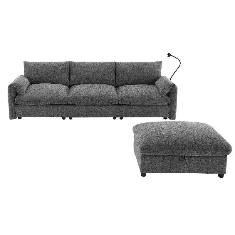 Grand canapé d'angle en chenille avec pouf de rangement et poches, support de téléphone réglable et ports de charge