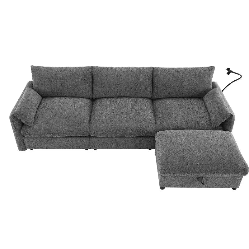 Grand canapé d'angle en chenille avec pouf de rangement et poches, support de téléphone réglable et ports de charge