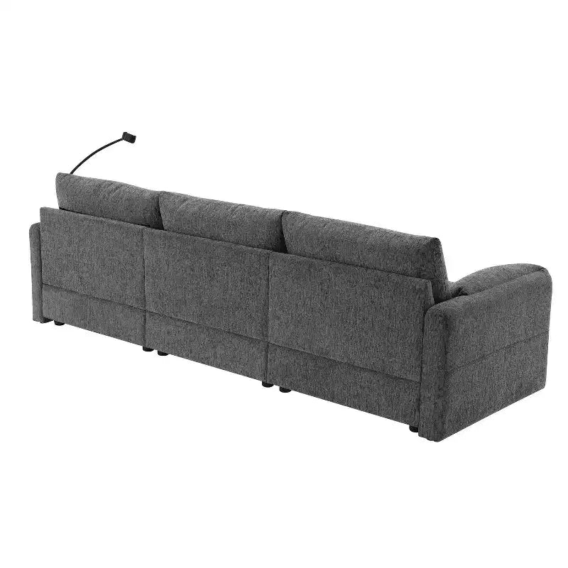 Grand canapé d'angle en chenille avec pouf de rangement et poches, support de téléphone réglable et ports de charge