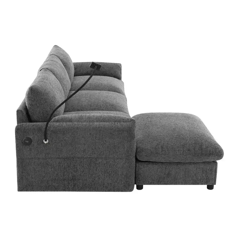 Grand canapé d'angle en chenille avec pouf de rangement et poches, support de téléphone réglable et ports de charge