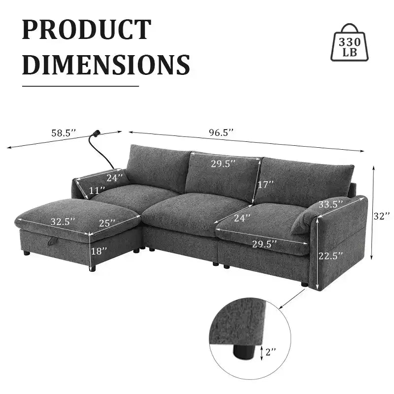 Grand canapé d'angle en chenille avec pouf de rangement et poches, support de téléphone réglable et ports de charge