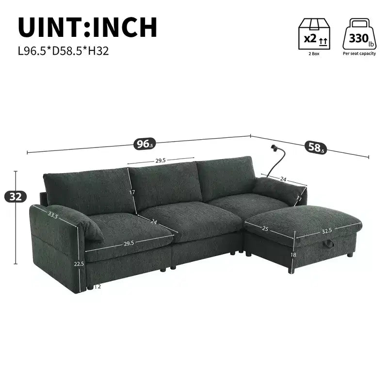 Grand canapé d'angle en chenille avec pouf de rangement et poches, support de téléphone réglable et ports de charge